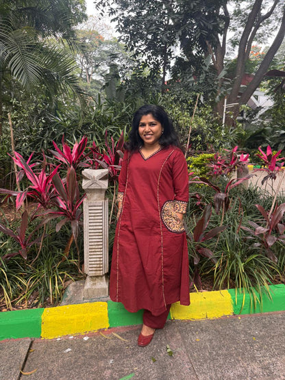 Maroon Cotton Top & Pant Set with Ajrakh pockets
