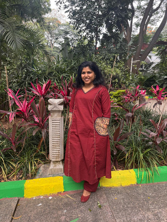Maroon Cotton Top & Pant Set with Ajrakh pockets