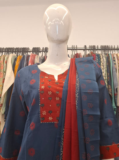 Indigo Charm Cotton  Dupatta Set