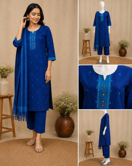 Handloom Cotton Blue Dupatta Set
