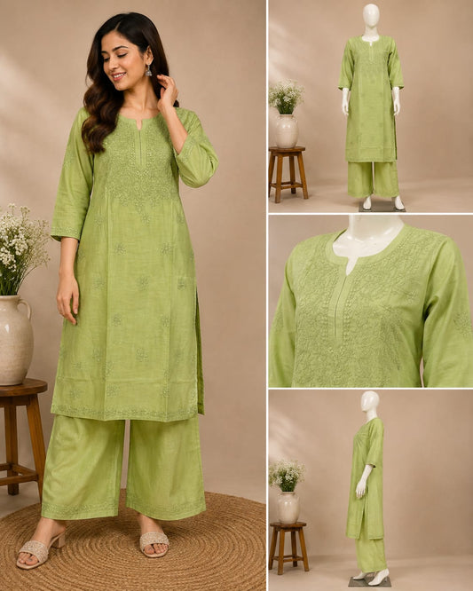 Dola Silk Chikankari Kurta Pant Set Green with Inner – Women’s Ethnic Wear (Copy)
