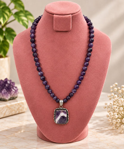 Natural purple Amethyst crystal bead necklace with rectangular Amethyst pendant and silver-tone setting