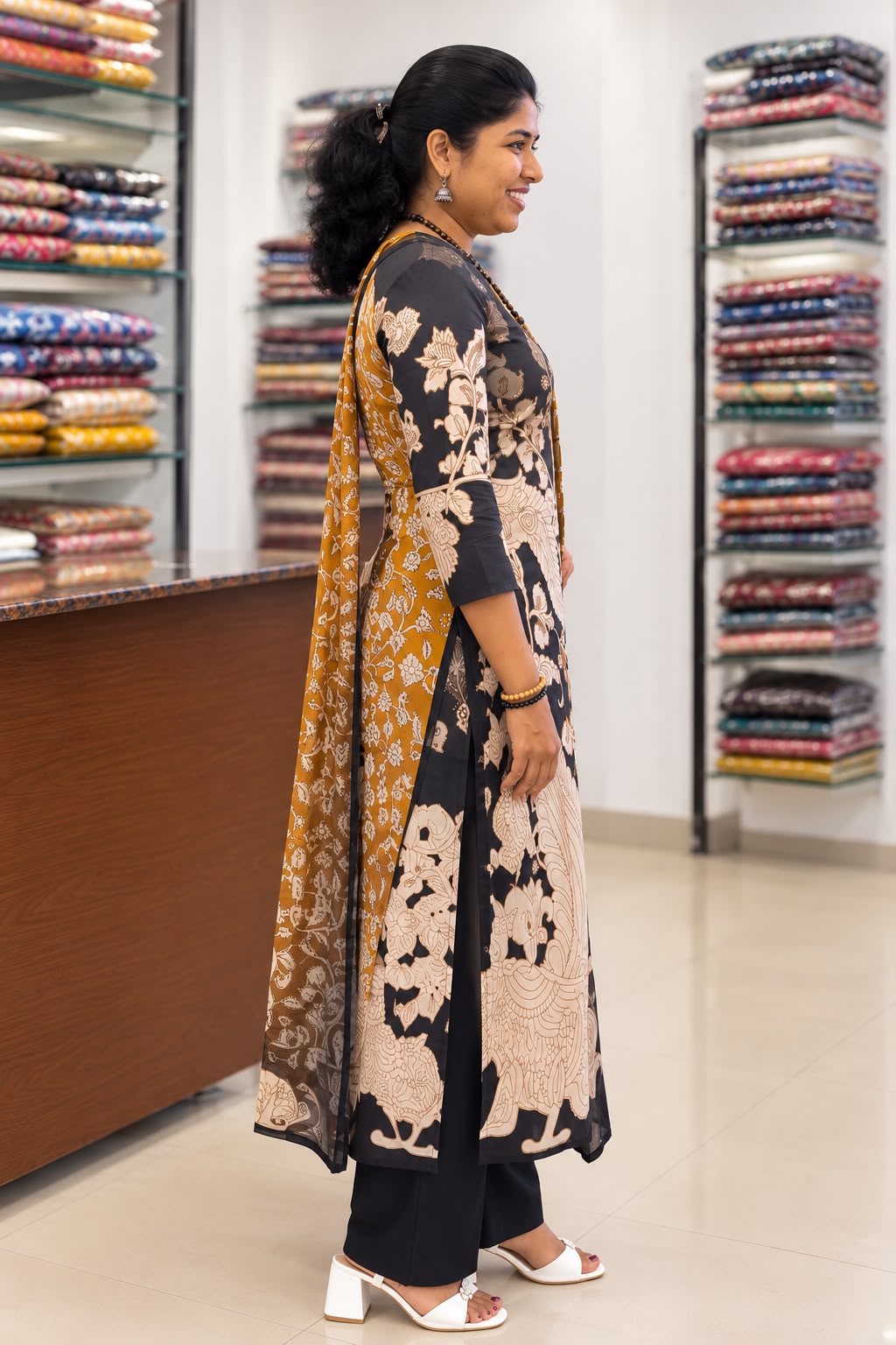 Black & Mustard Printed Kurta Pant Set with Dupatta