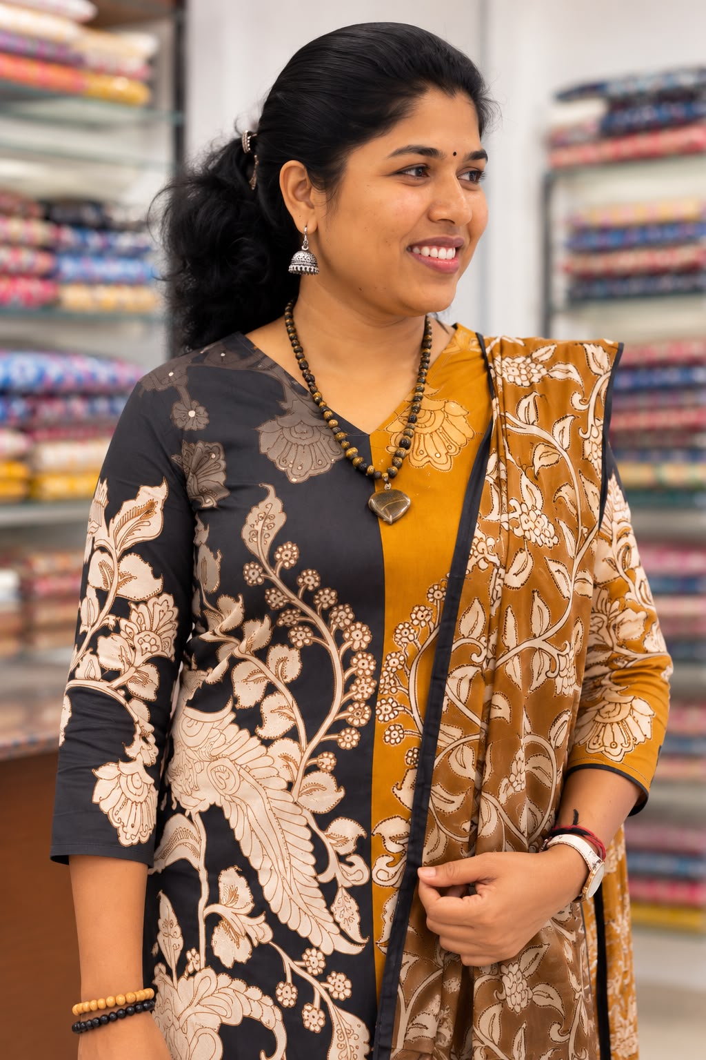Black & Mustard Printed Kurta Pant Set with Dupatta