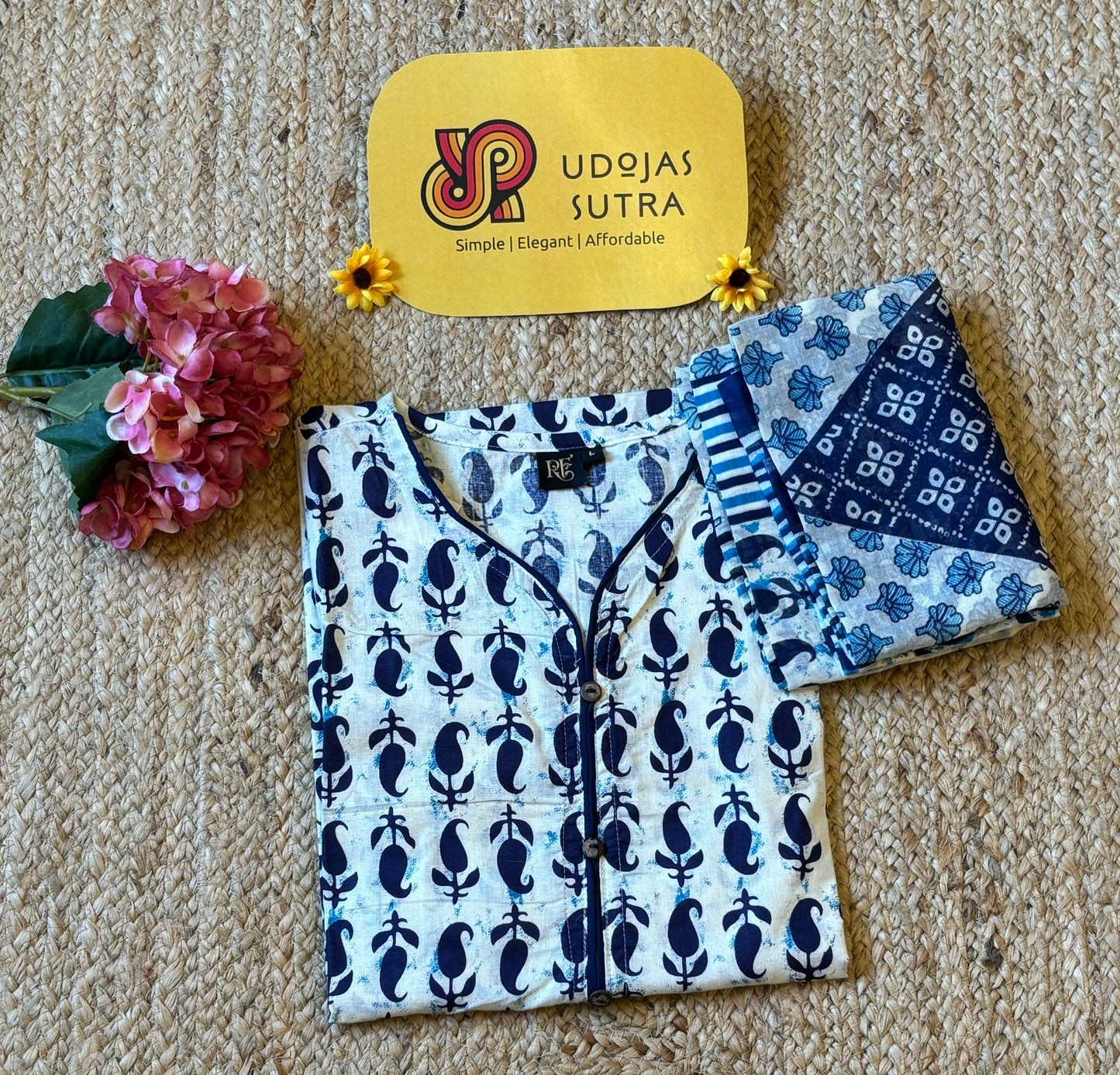 White & Blue Top & Dupatta Set