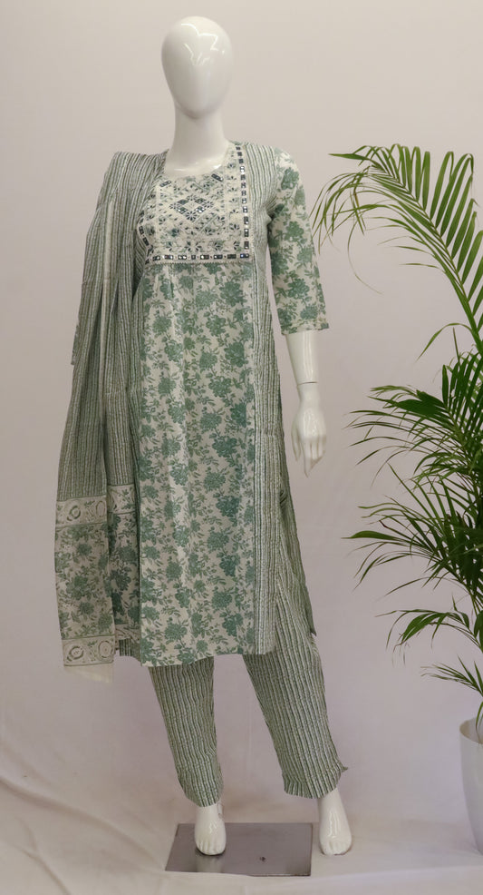 White Green Cotton Dupatta Set