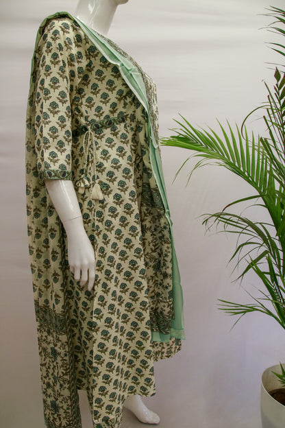 White and Green Cotton Dupatta Set