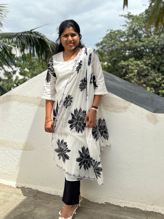 White with black floral print dupatta set