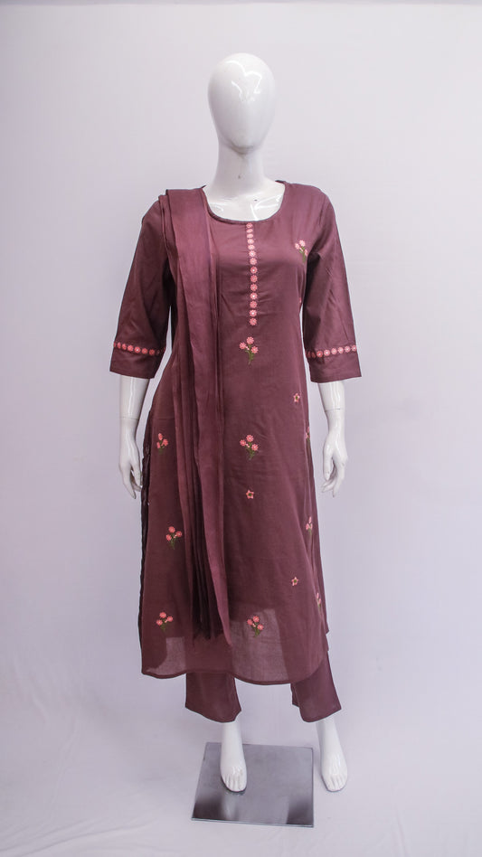 Maroon embroidered kurta with matching dupatta on a mannequin against a white background