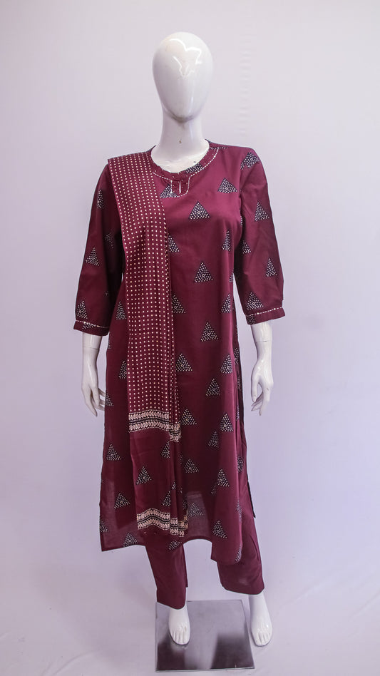 Wine Ajrakh Print Dupatta Set