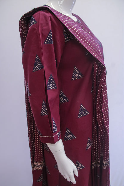 Wine Ajrakh Print Dupatta Set