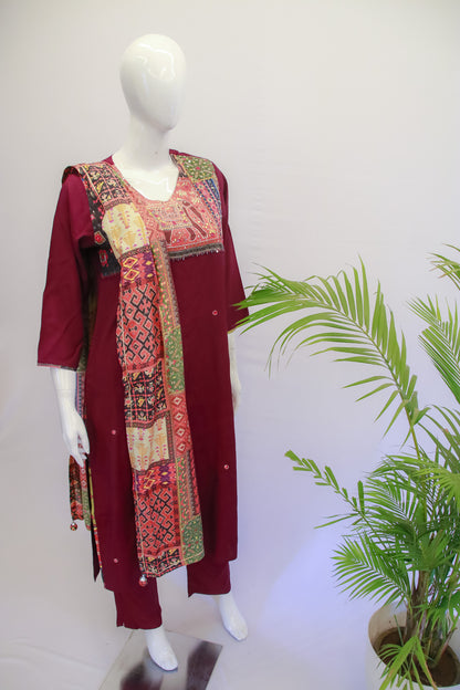 Wine Muslin Pichwai Dupatta Set
