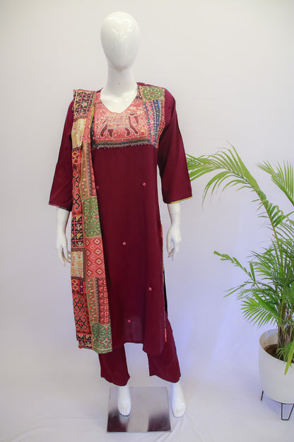 Wine Muslin Pichwai Dupatta Set