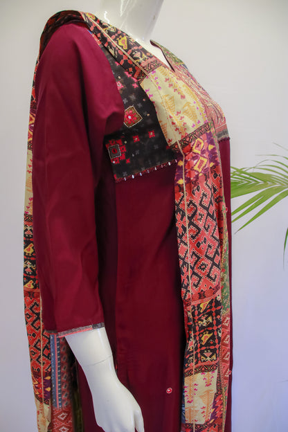 Wine Muslin Pichwai Dupatta Set