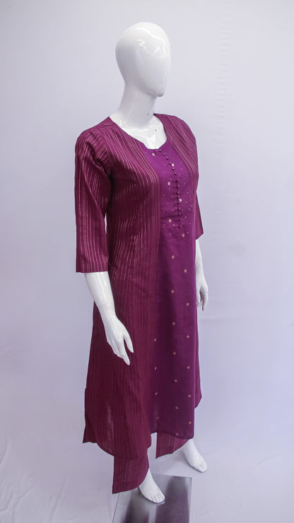 Mannequin wearing a long burgundy dress with a white background