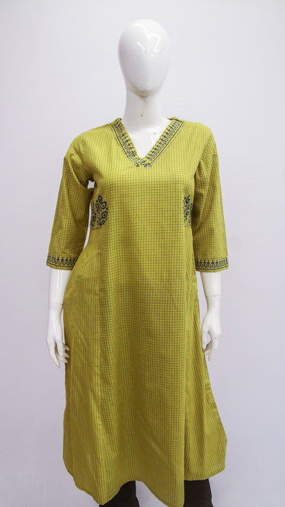 Green checkered kurta with embroidery on a white background