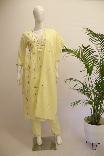Cotton Yellow Dupatta Set