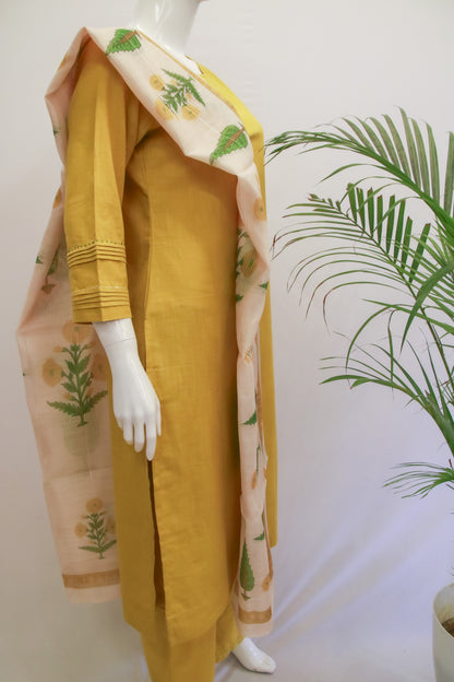 Yellow Plain Cotton Dupatta Set