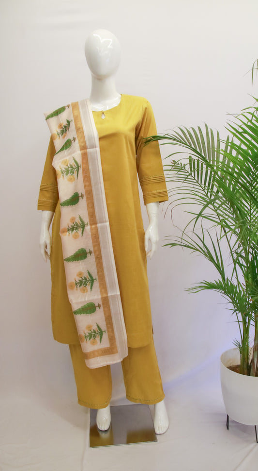 Yellow Plain Cotton Dupatta Set