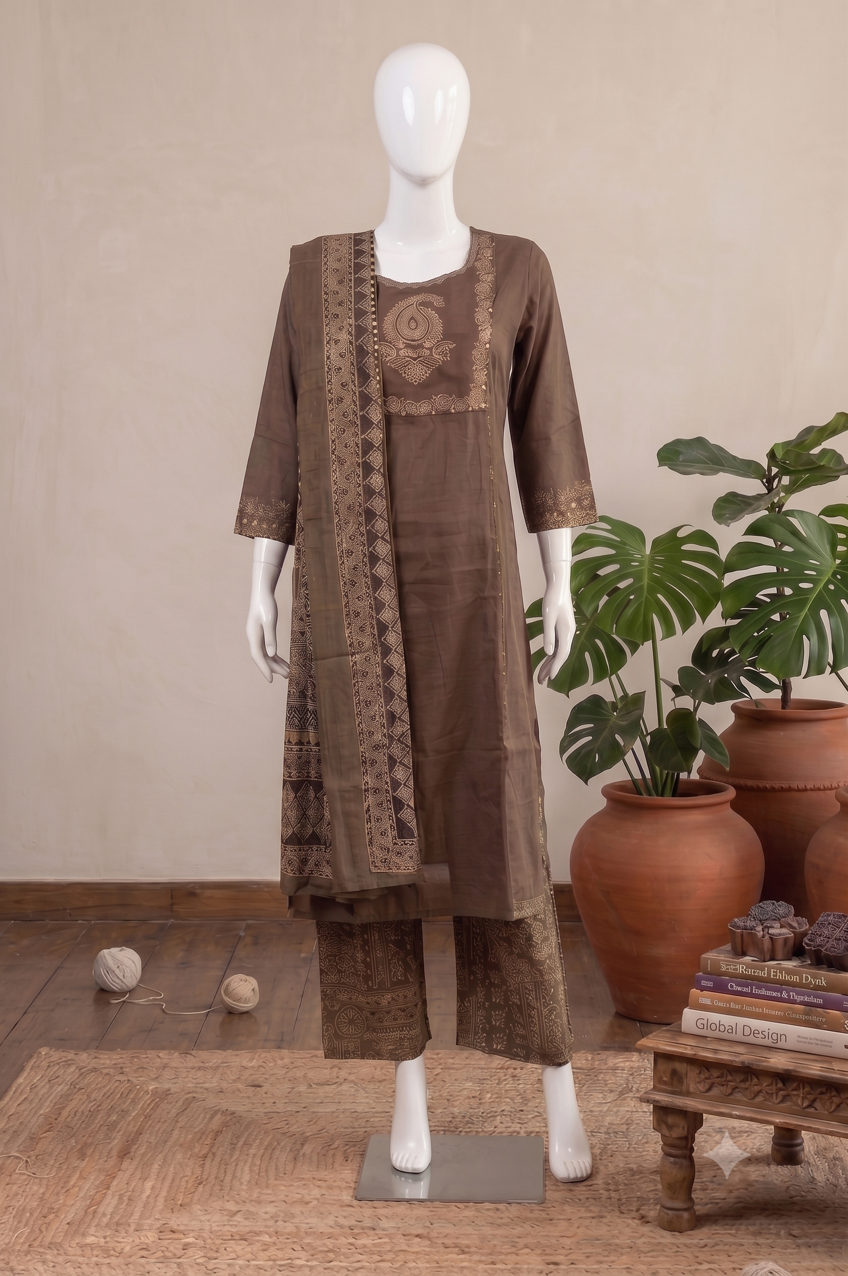 A brown three-piece salwar kameez suit displayed on a white mannequin, featuring a kurta with embroidery, matching trousers, and a dupatta with geometric borders, set against a neutral background with potted plants and a wooden table.